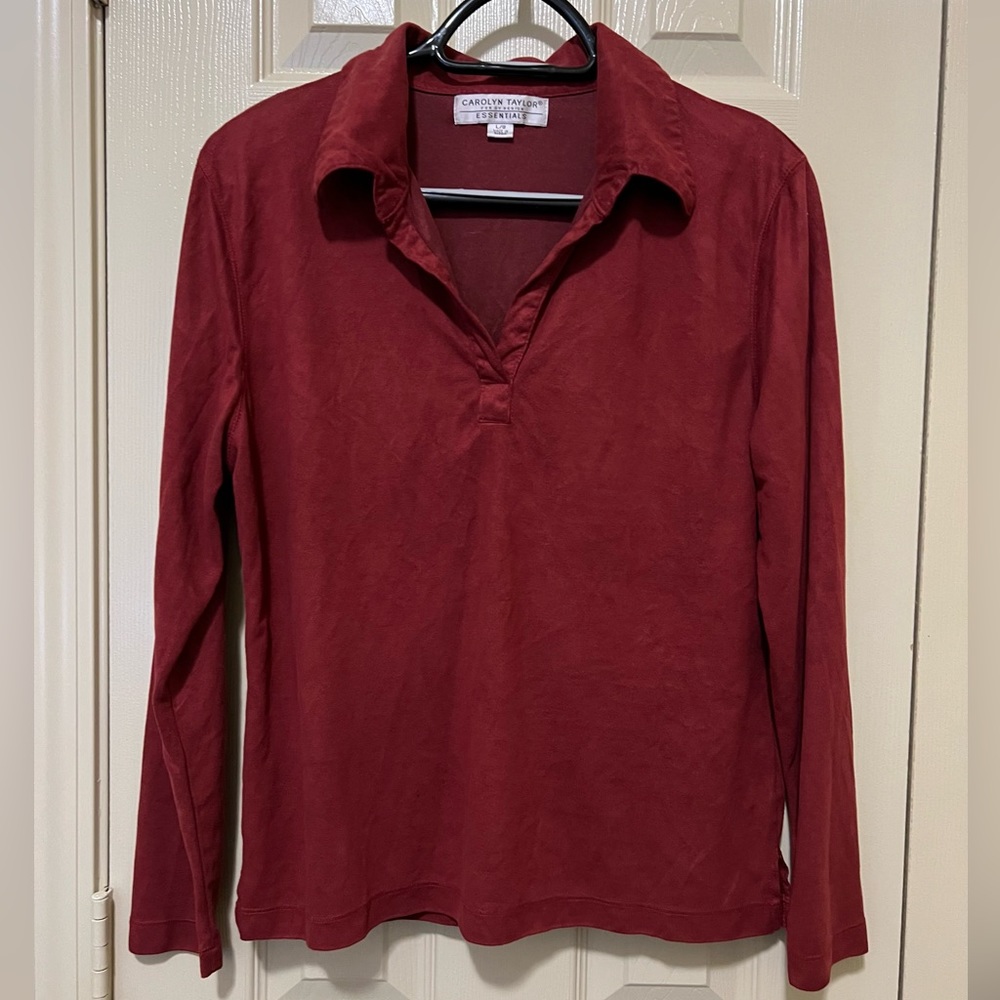 Carolyn Taylor V-neck Suede Like Blouse Maroon Size L